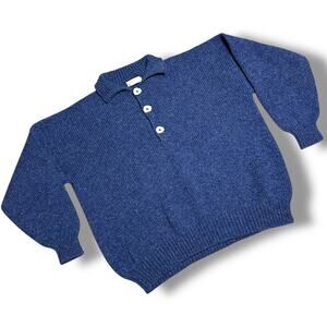 Vintage 70s 80s Newfoundland Handknit Wool Sweater Blue Antler Buttons Sz XL